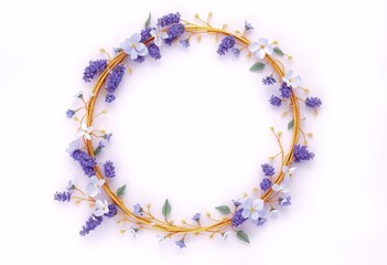 Golden floral wreath with purple and white flowers