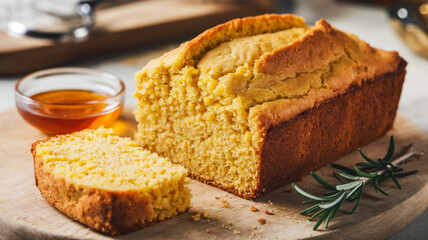 Fresh Baked Corn Bread Slices on Wooden Board