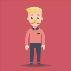  A flat vector character illustration of a blonde man with a mustache, wearing a pink shirt. A playful and cartoon-style avatar for social media or branding