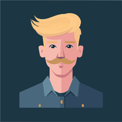  A flat vector character illustration of a blonde man with a mustache, wearing a pink shirt. A playful and cartoon-style avatar for social media or branding