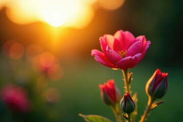Fototapeta premium Evening sun casts warm hue on budding flowers, flower, bloom