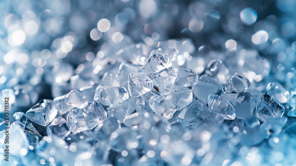 Poster A captivating display of shimmering ice crystals interacting with light, showcasing their intricate shapes and textures against a blurred background.