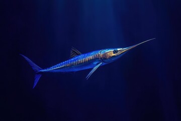 A vibrant blue marlin swims gracefully in the deep ocean