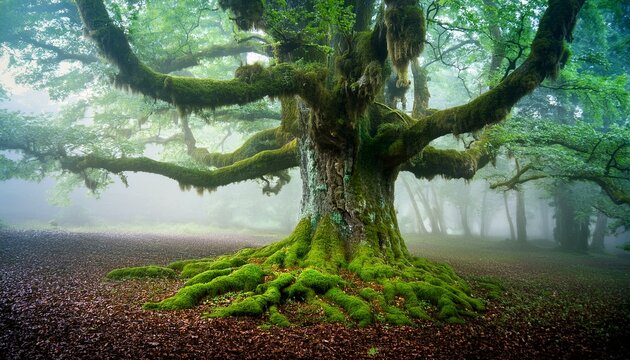 ancient moss draped oak tree in misty forest
