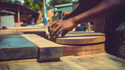 Woodworking action demonstration workshop location artisan crafting outdoor environment close-up view manual skill concept