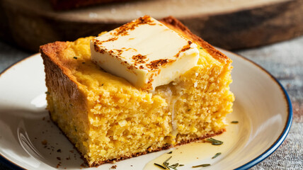 Fresh Baked Corn Bread Slices on Wooden Board