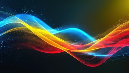 A vibrant abstract design featuring flowing colorful light waves.