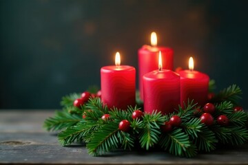 Evergreen branch wreath with Four Advent candles, holiday decor, seasonal, candle arrangement