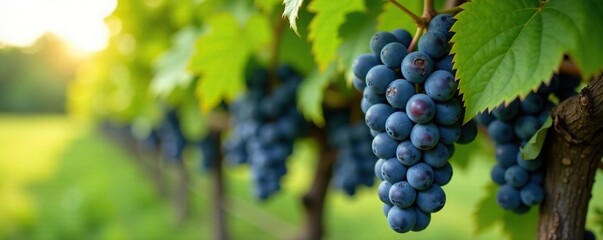 Fototapeta premium Vine with heavy load of grapes hanging from its stem, greenery, plant life