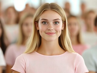 Fototapeta premium Youthful woman smiling classroom setting portrait image bright environment engaging viewpoint