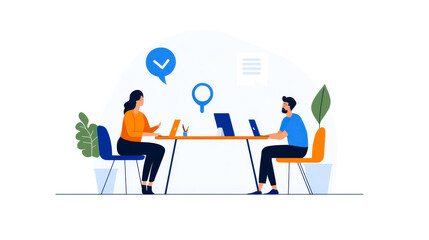 Obraz premium Two professionals collaborate at a table, using laptops, surrounded by plants, with icons indicating communication and time management.