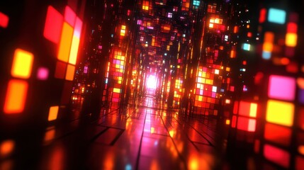 Fototapeta premium Glowing abstract digital patterns forming futuristic structures, focus on intricate geometry, close up, tech theme, vibrant, Overlay, dark background