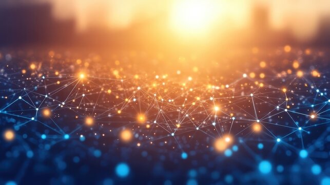 Layered abstract technology elements with pulsating lights and geometric lines