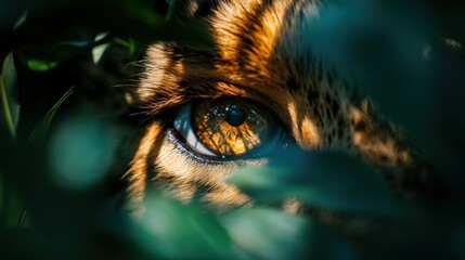 Big cat eye, jungle foliage, hidden predator, wildlife photography