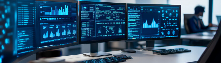 Fototapeta premium The image features multiple monitors displaying data analytics with graphs and statistics in a modern office setting.