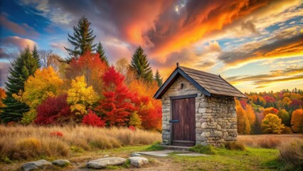 Autumnal Stone Structure Beside Vibrant Fall Foliage Under a Dramatic Sunset Sky