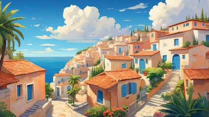 Mediterranean village landscape in digital art style