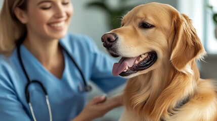 Caring veterinarian with golden retriever dog in a welcoming animal clinic : Generative AI