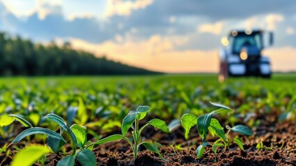 Vibrant early growth of crops with a tractor in a picturesque landscape.