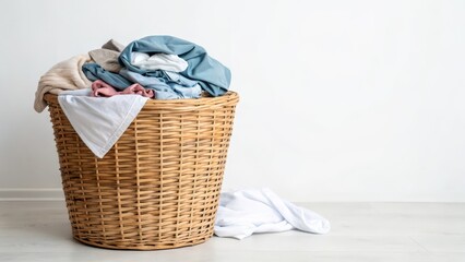 Laundry Basket with Clothes on White Background