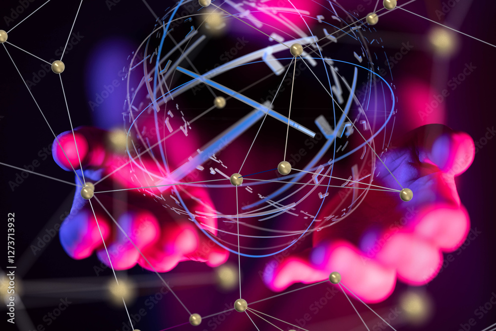 Aufkleber Global network. Blockchain. 3D illustration. Neural networks and artificial intelligence. Abstract