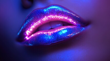 Close-up iridescent lips, neon light, beauty, cosmetics