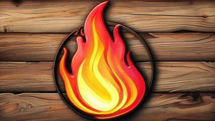 Stylized fire icon on a wooden background, ideal for cooking themes.