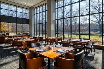 Modern restaurant interior with square wooden tables and chairs, large windows, high ceilings, dining table with plates and glasses on it
