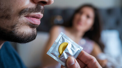 Close-up of a man holding a condom package with a yellow condom inside, symbolizing intimacy, relationship, and safe sex, with a woman blurred in the background.