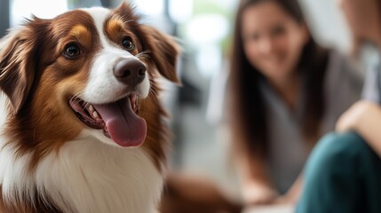 Australian Shepherd Dog Close Up Smiling Happily at Home with Owners : Generative AI