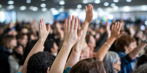Photo of a group of people raising their hands in a public event, symbolizing participation, democracy, and involvement in a meeting or vote.