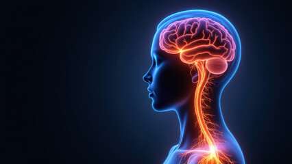 A 3D illustration showing a side view of a person's head with a highlighted brain and vagus nerve stimulation area.