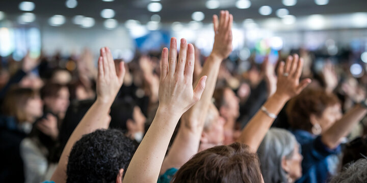 Photo of a group of people raising their hands in a public event, symbolizing participation, democracy, and involvement in a meeting or vote.