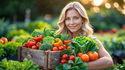 A young woman happily displays her bountiful harvest of fresh vegetables from her garden.