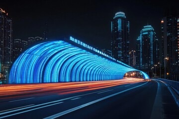 On the highway, long-exposure photography captures the scene with a dark background and blue and orange light trails.