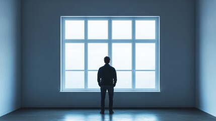 Obraz premium Withdrawal symptoms lead to isolation. A person standing near a window, looking out, disconnected