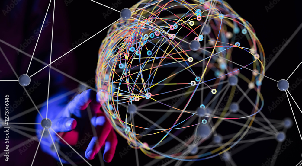 Poster Global network. Blockchain. 3D illustration. Neural networks and artificial intelligence. Abstract