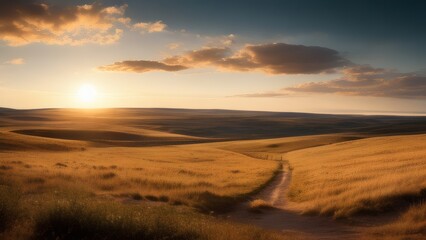 Golden Steppe Landscape at Sunset with Rolling Hills and Vast Grasslands