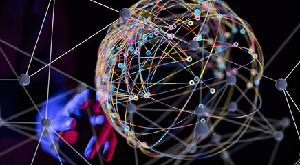 Global network. Blockchain. 3D illustration. Neural networks and artificial intelligence. Abstract
