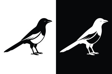Magpie Bird Silhouette Vector Icon Black And White Background.