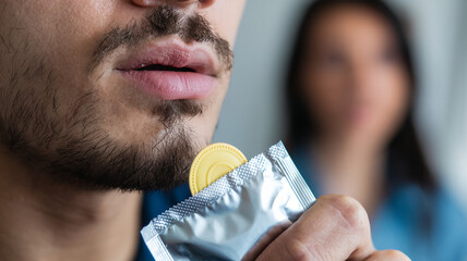 Close-up image of a man holding a condom packet, symbolizing intimacy, sexual health, and protection in a romantic relationship setting.
