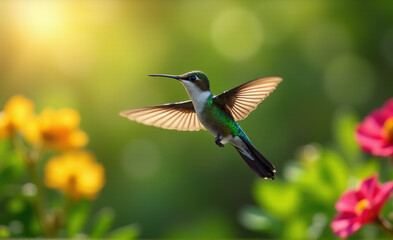 Naklejka premium hummingbird in flight blurry natural background