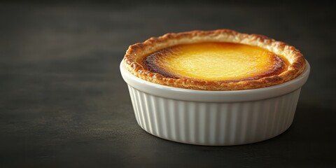 Creamy custard tart baked to perfection in a white ceramic dish on a dark countertop