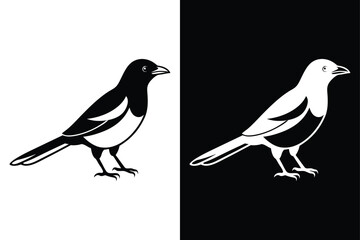 Magpie Bird Silhouette Vector Icon Black And White Background.
