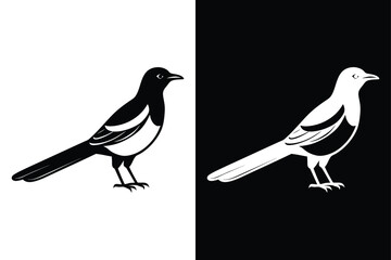 Magpie Bird Silhouette Vector Icon Black And White Background.