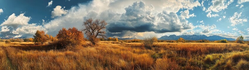 Obraz premium Panoramic photograph of the vast, cracked desert with a blue sky and a few clouds
