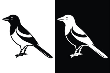 Magpie Bird Silhouette Vector Icon Black And White Background.
