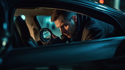 A detective searching a suspect’s car for evidence. Featuring forensic methods and investigative techniques