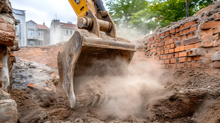 Fototapeta premium Excavation work in urban setting construction site heavy machinery dusty environment close-up view industrial development