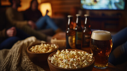 友人と自宅のリビングでクラフトビール片手に映画を楽しむひととき